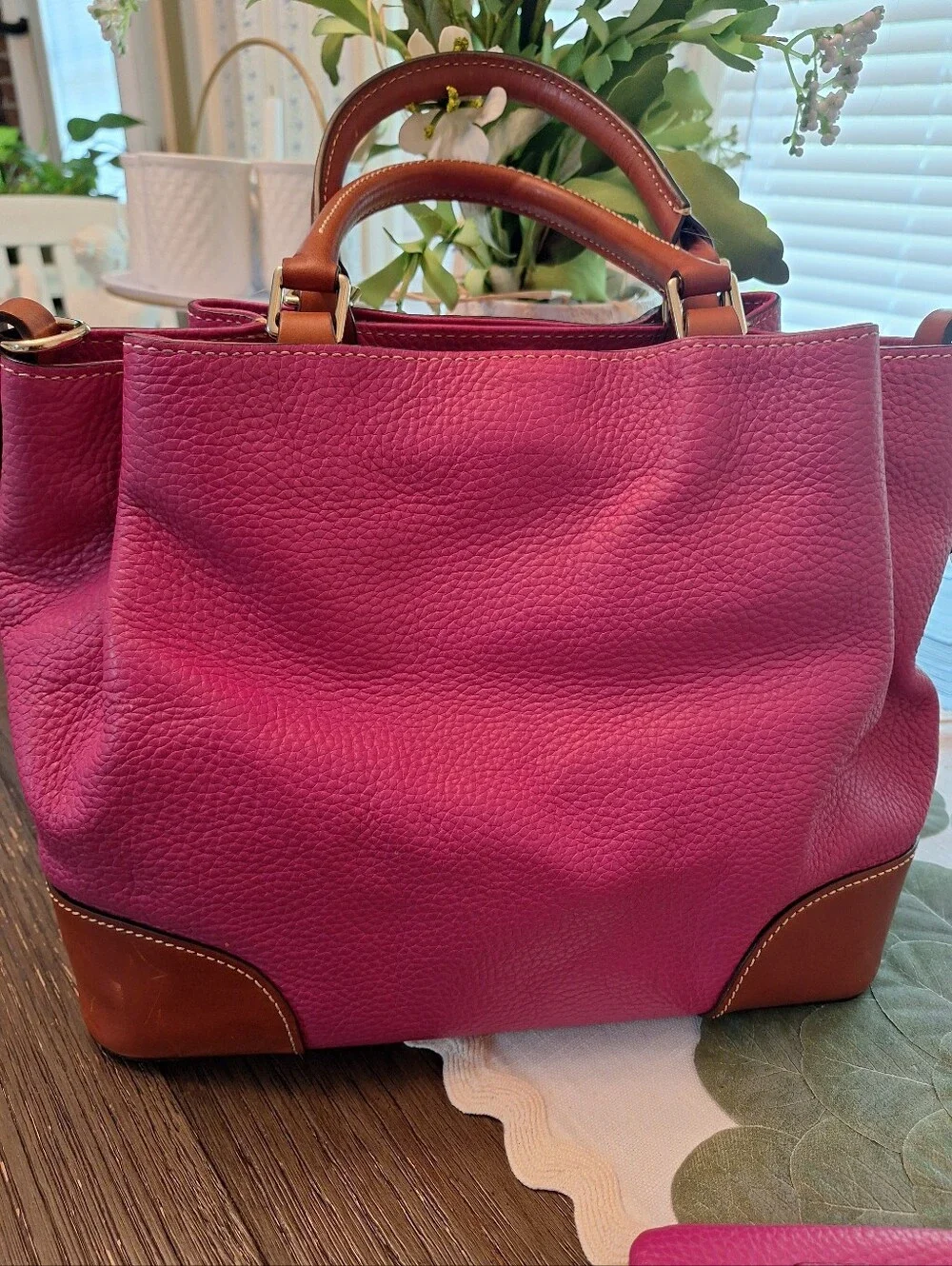 Dooney & Bourke Hot Pink Leather Satchel with Brown Trim